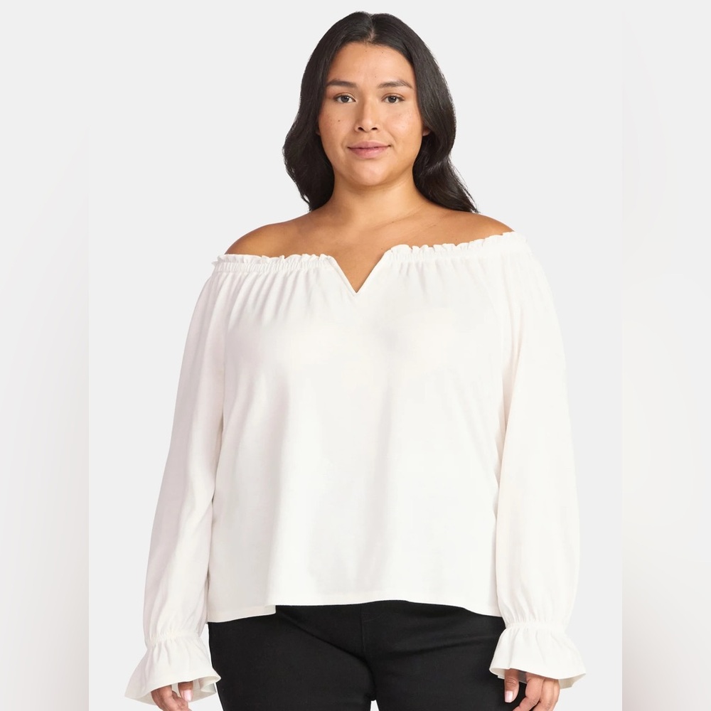 Terra & Sky Cream Off-Shoulder Ruffle Cuff Blouse spring time classic